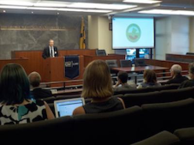 Presentations were made in the Jacob Burns Moot Courtroom in the Law School